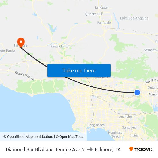 Diamond Bar Blvd and Temple Ave N to Fillmore, CA map