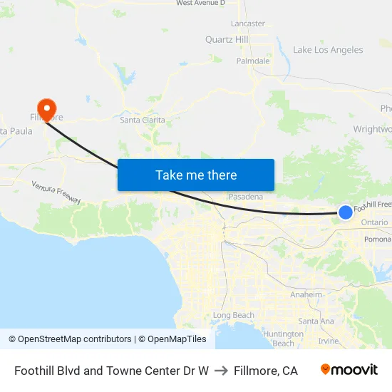 Foothill Blvd and Towne Center Dr W to Fillmore, CA map