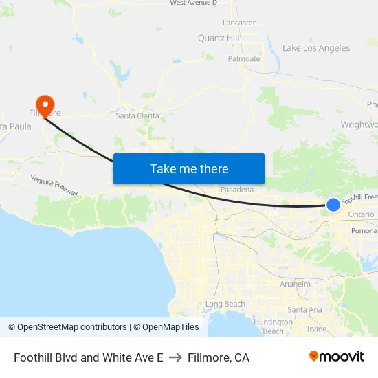 Foothill Blvd and White Ave E to Fillmore, CA map