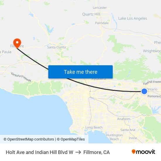 Holt Ave and Indian Hill Blvd W to Fillmore, CA map