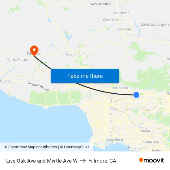 Live Oak Ave and Myrtle Ave W to Fillmore, CA map