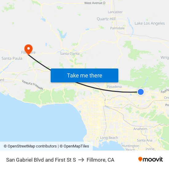 San Gabriel Ave and First St S to Fillmore, CA map