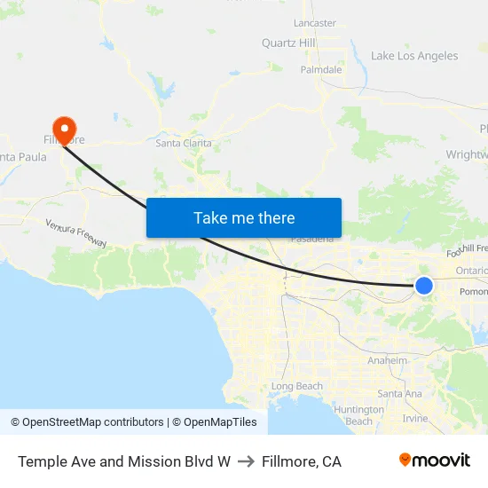 Temple Ave and Mission Blvd W to Fillmore, CA map