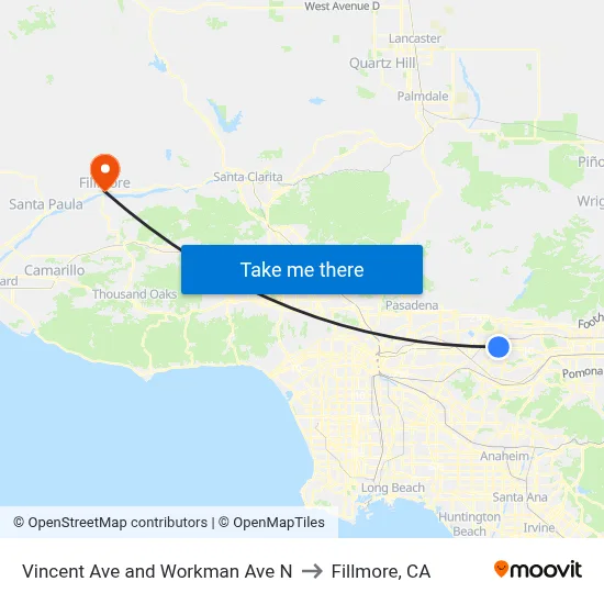 Vincent Ave and Workman Ave N to Fillmore, CA map