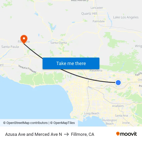 Azusa Ave and Merced Ave N to Fillmore, CA map