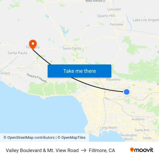 Valley Boulevard & Mt. View Road to Fillmore, CA map