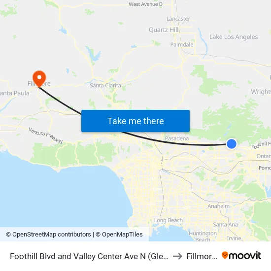 Foothill Blvd and Valley Center Ave N (Glendora High School) to Fillmore, CA map