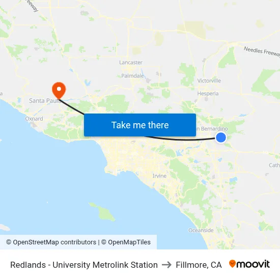 Redlands - University Metrolink Station to Fillmore, CA map