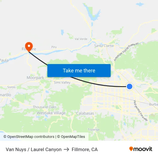 Van Nuys / Laurel Canyon to Fillmore, CA map