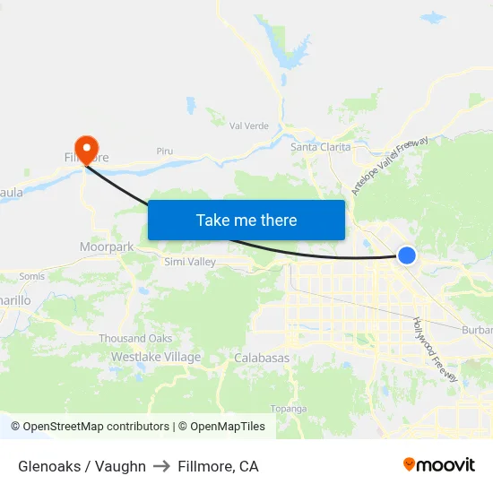 Glenoaks / Vaughn to Fillmore, CA map