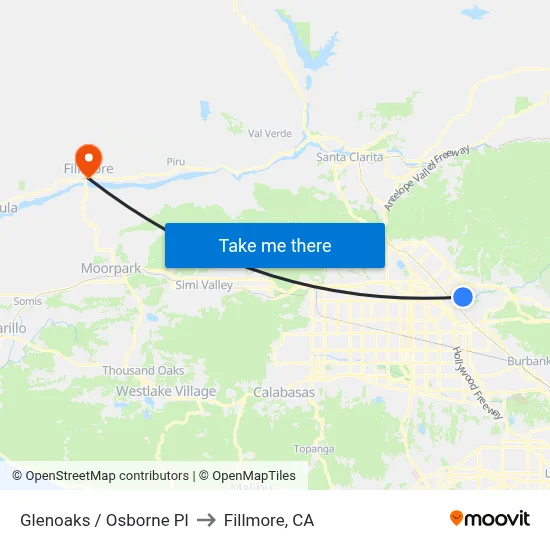 Glenoaks / Osborne Pl to Fillmore, CA map
