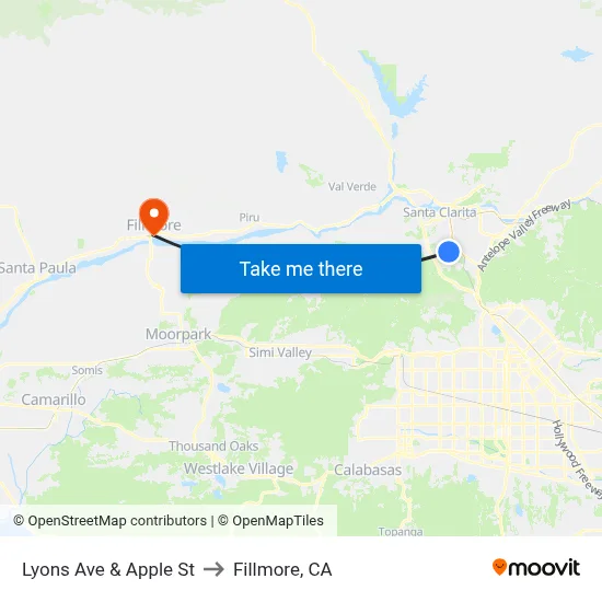 Lyons Ave & Apple St to Fillmore, CA map