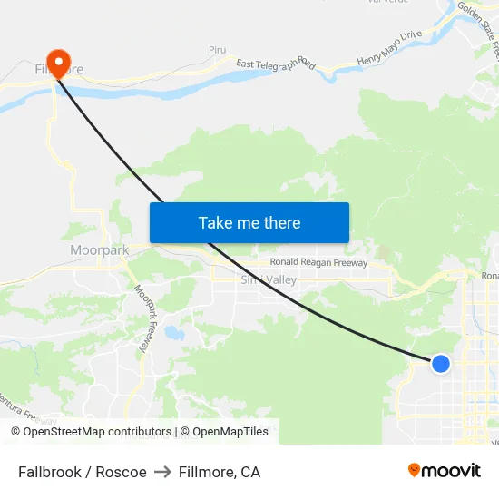 Fallbrook / Roscoe to Fillmore, CA map