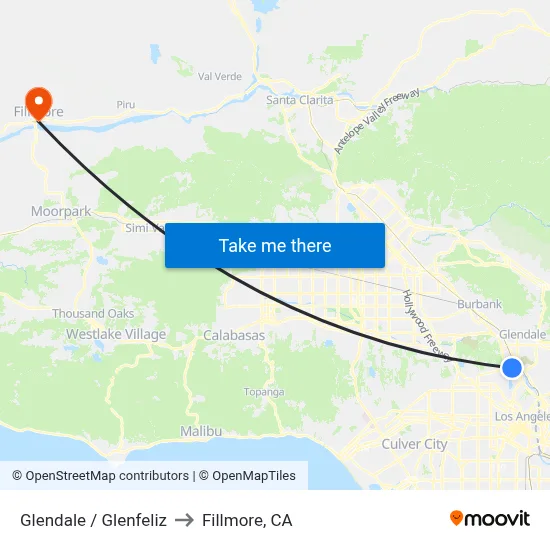 Glendale / Glenfeliz to Fillmore, CA map