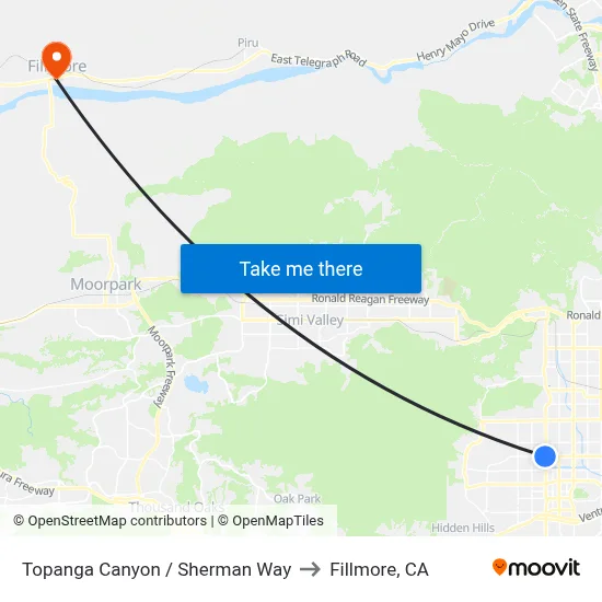 Topanga Canyon / Sherman Way to Fillmore, CA map