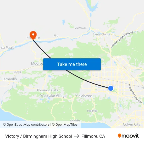 Victory / Birmingham High School to Fillmore, CA map