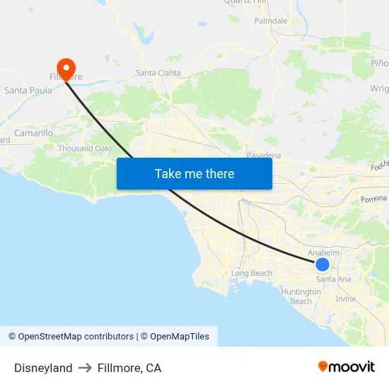 Disneyland to Fillmore, CA map