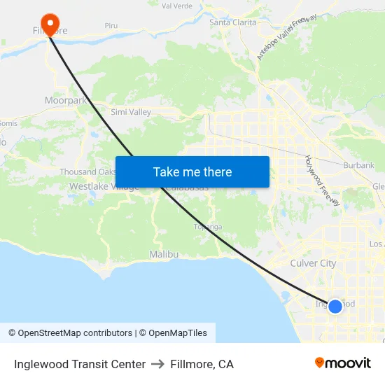 Inglewood Transit Center to Fillmore, CA map