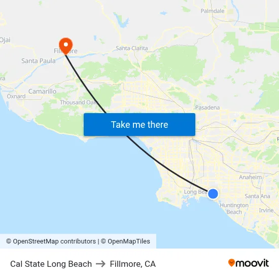 Cal State Long Beach to Fillmore, CA map