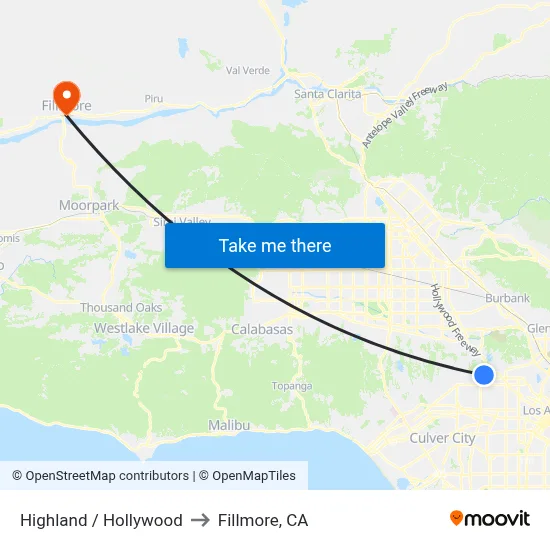 Highland / Hollywood to Fillmore, CA map