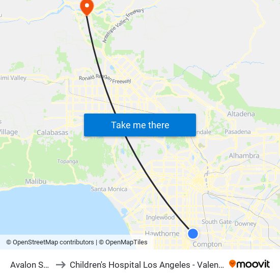 Avalon Station to Children's Hospital Los Angeles - Valencia Care Center map