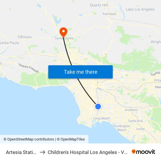 Artesia Station Bay 3 to Children's Hospital Los Angeles - Valencia Care Center map