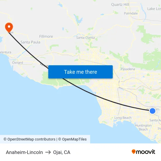 Anaheim-Lincoln to Ojai, CA map