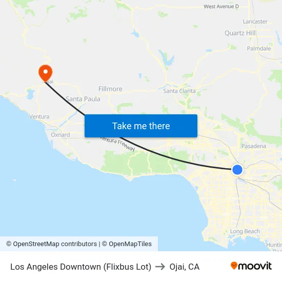 Los Angeles Downtown (Flixbus Lot) to Ojai, CA map