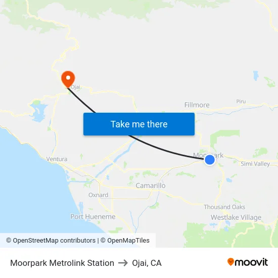 Moorpark Metrolink Station to Ojai, CA map