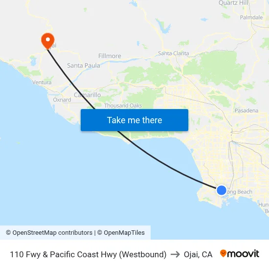 110 Fwy & Pacific Coast Hwy (Westbound) to Ojai, CA map