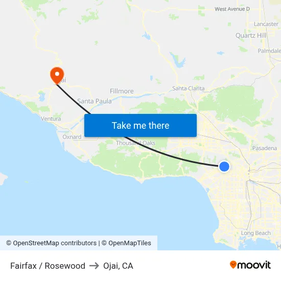 Fairfax / Rosewood to Ojai, CA map