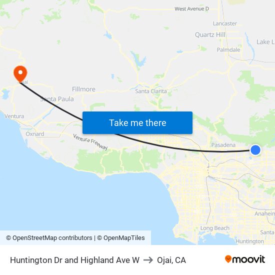 Huntington Dr and Highland Ave W to Ojai, CA map