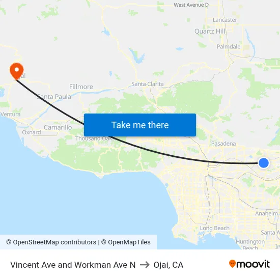 Vincent Ave and Workman Ave N to Ojai, CA map