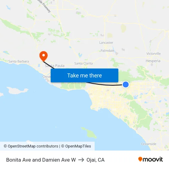 Bonita Ave and Damien Ave W to Ojai, CA map