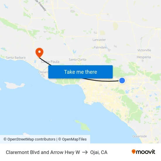 Claremont Blvd and Arrow Hwy W to Ojai, CA map