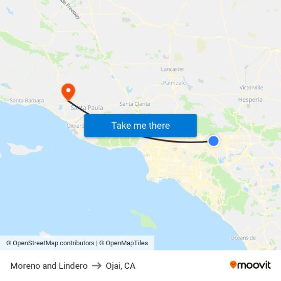 Moreno and Lindero to Ojai, CA map