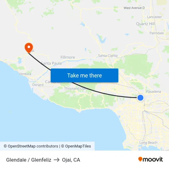 Glendale / Glenfeliz to Ojai, CA map