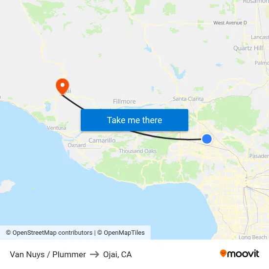 Van Nuys / Plummer to Ojai, CA map