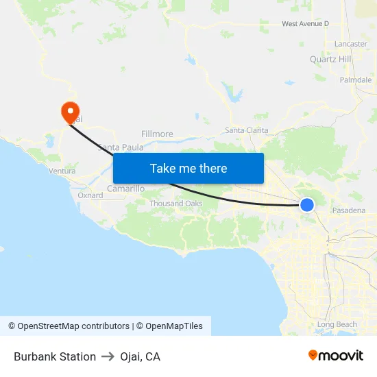 Burbank Station to Ojai, CA map