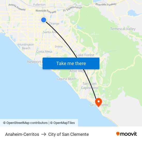 Anaheim-Cerritos to City of San Clemente map