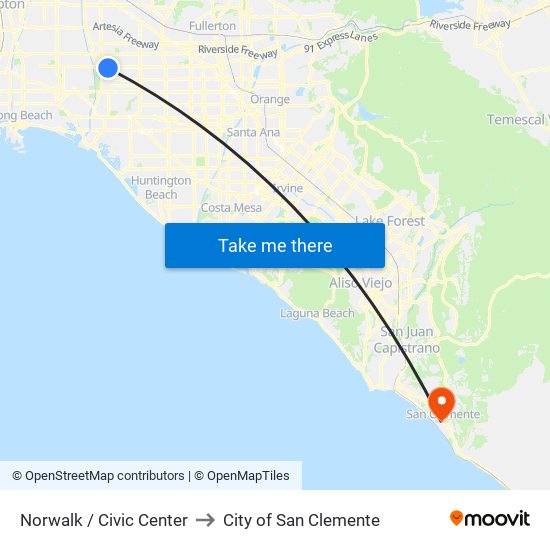 Norwalk / Civic Center to City of San Clemente map