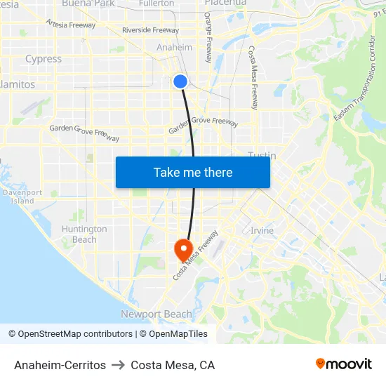 Anaheim-Cerritos to Costa Mesa, CA map