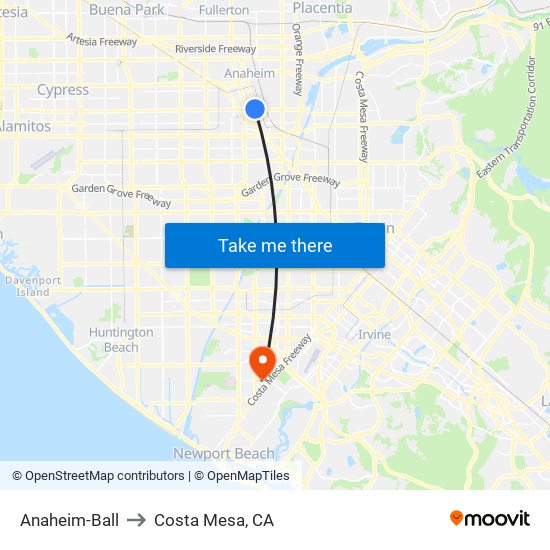 Anaheim-Ball to Costa Mesa, CA map