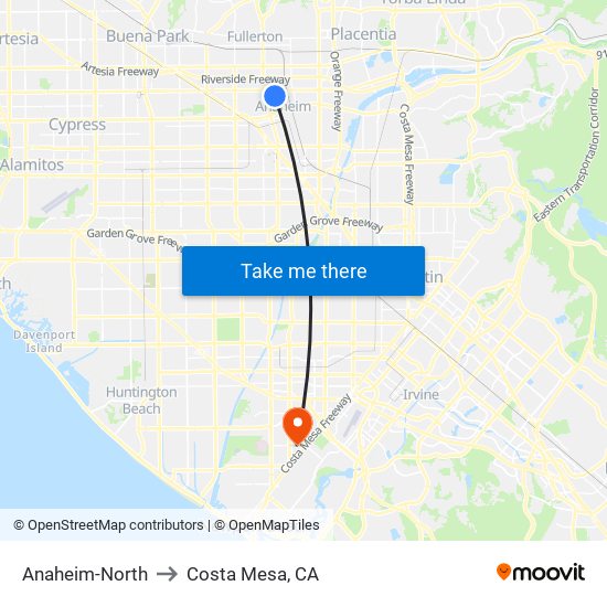 Anaheim-North to Costa Mesa, CA map