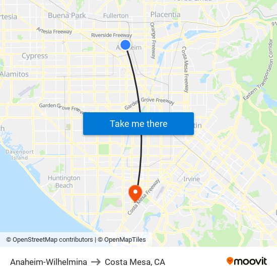 Anaheim-Wilhelmina to Costa Mesa, CA map