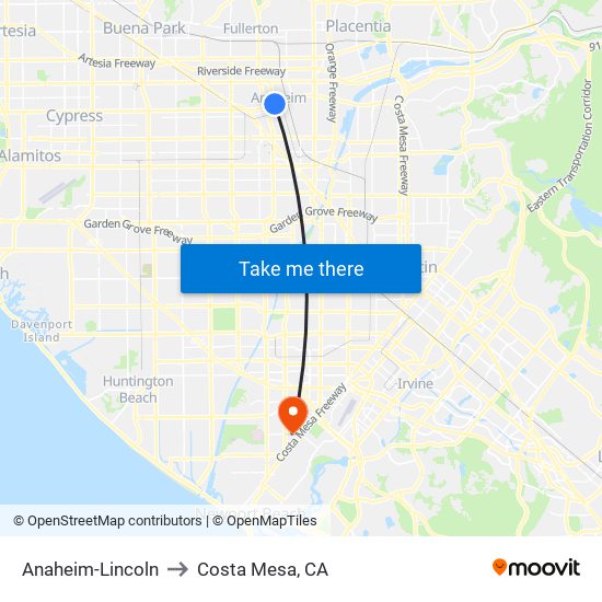 Anaheim-Lincoln to Costa Mesa, CA map