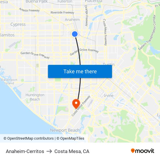 Anaheim-Cerritos to Costa Mesa, CA map