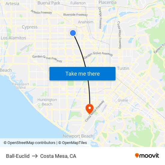 Ball-Euclid to Costa Mesa, CA map