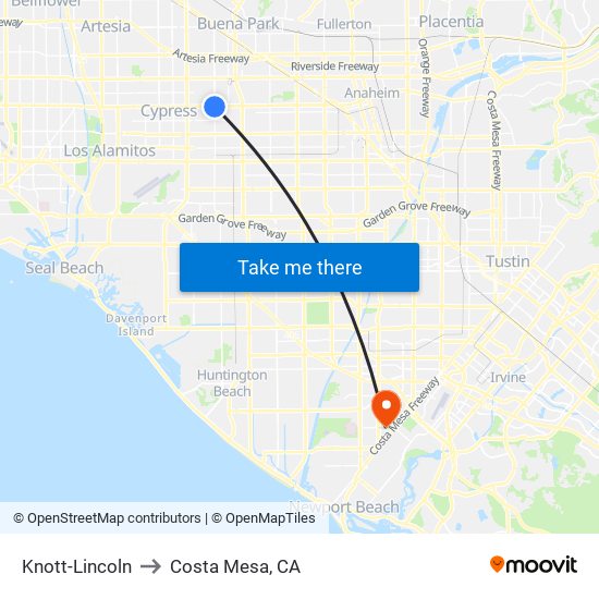 Knott-Lincoln to Costa Mesa, CA map