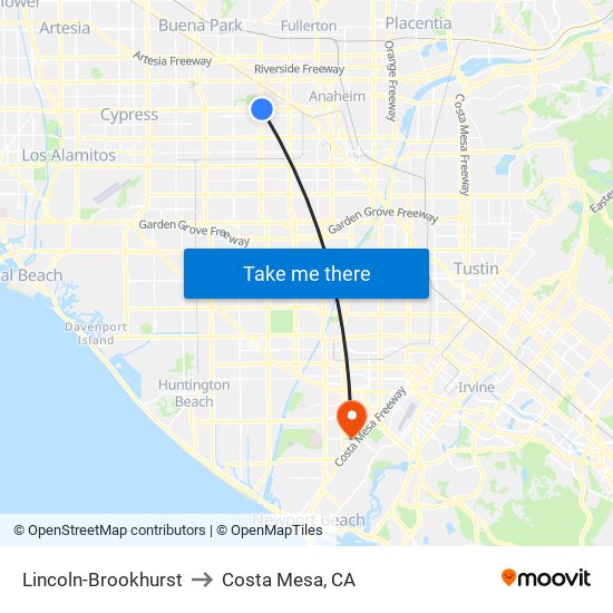 Lincoln-Brookhurst to Costa Mesa, CA map